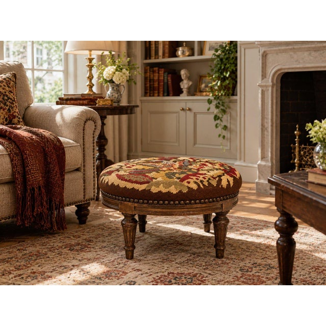 Antique Needlepoint Textile Upholstered Bird Firebird Footstool For Sale - Image 4 of 4