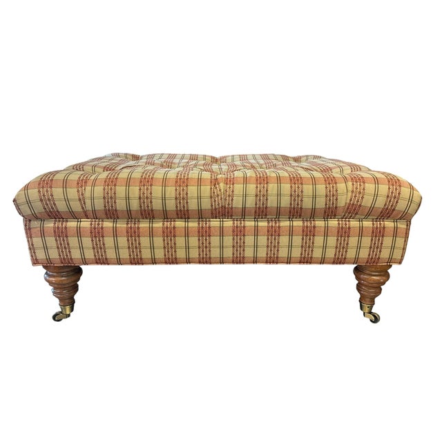 English English Manor Tufted Upholstered Ottoman Bench With Turned Walnut Legs & Brass Casters For Sale - Image 3 of 6