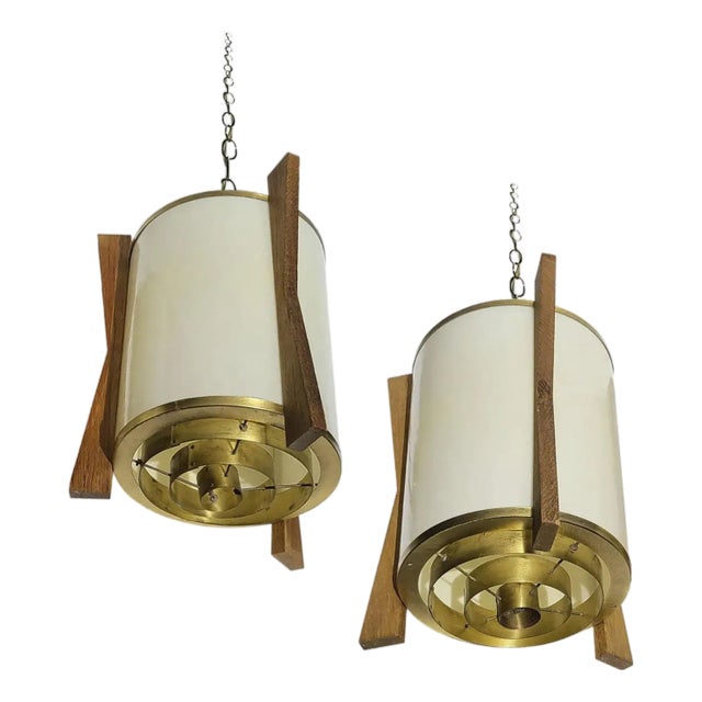 Pair of Sanctuary Fin-Framed Drum 4-Light Chandelier Pendants With Brushed Brass Ring Diffusers For Sale