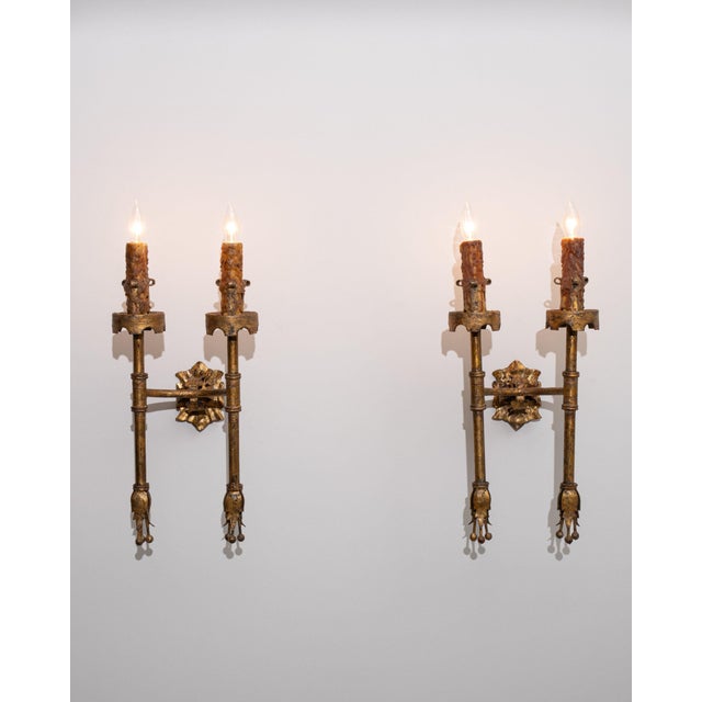 Gold 19th Century France Gothic Gold Metal Candle Sconces For Sale - Image 8 of 11
