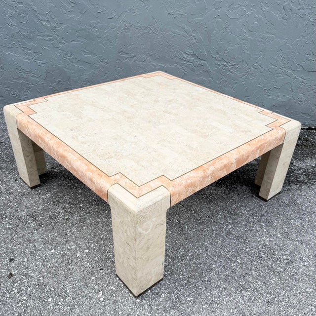 Metal Postmodern Beige and Pink Tessellated Stone Square Coffee Table With Brass Inlay For Sale - Image 7 of 8