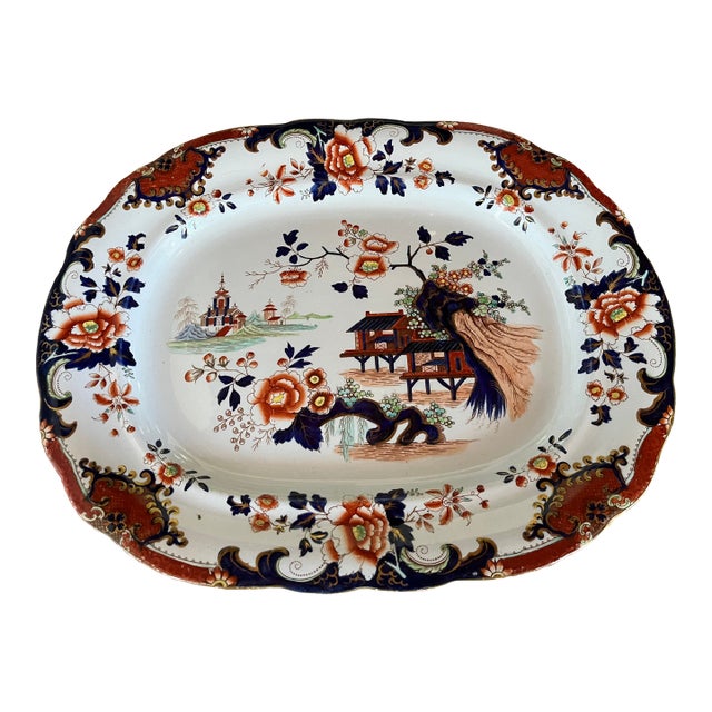 Antique Carey's Improved Ironstone Platter c.1830s Gaudy Imari Blue Rust Gold 12x15 For Sale