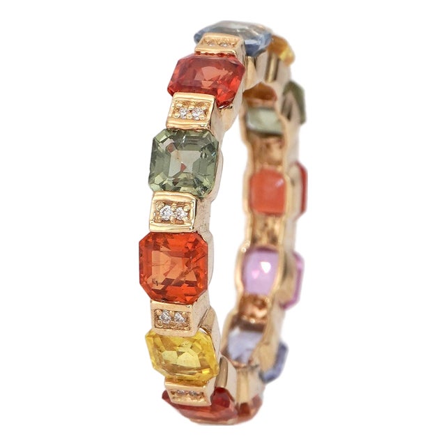 14k Gold Multi-Gemstone Ring With Asscher-Cut Sapphires For Sale