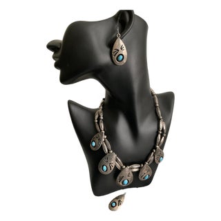 Vintage M. White Sterling Silver & Turquoise Shadow Box Necklace & Earrings For Sale
