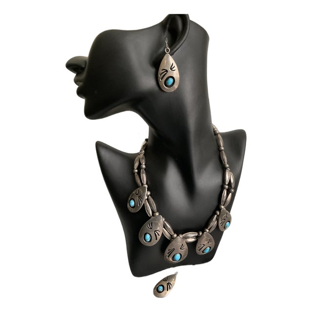 Vintage M. White Sterling Silver & Turquoise Shadow Box Necklace & Earrings For Sale