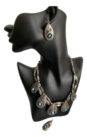 Vintage M. White Sterling Silver & Turquoise Shadow Box Necklace & Earrings