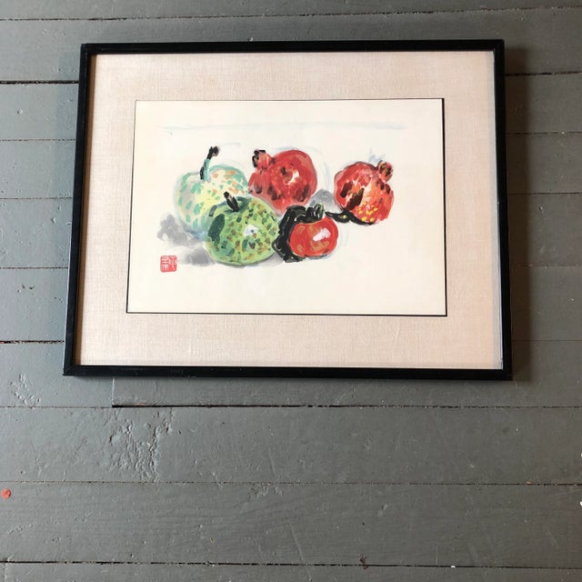 Red Vintage Japanese Original Wood Block Print “Apples & Pomegranates” Signed W/Seal For Sale - Image 8 of 8