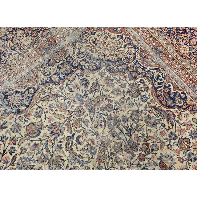 19th Century Persian Kashan Rug, Hand-Knotted Wool & Cotton, Floral Design, Ivory & Navy, 9x12 For Sale - Image 16 of 18