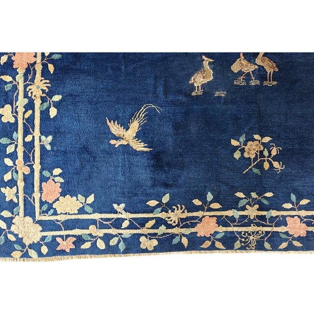Art Deco 1920s Blue Floral Bird Deco Antique Chinese Peking Wool Rug 8'1'' X 9'5'' For Sale - Image 3 of 9
