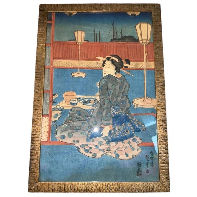 Kunisada, Woman on a Terrace Overlooking the Bay, Woodblock Print, 19th Century For Sale - Image 8 of 9