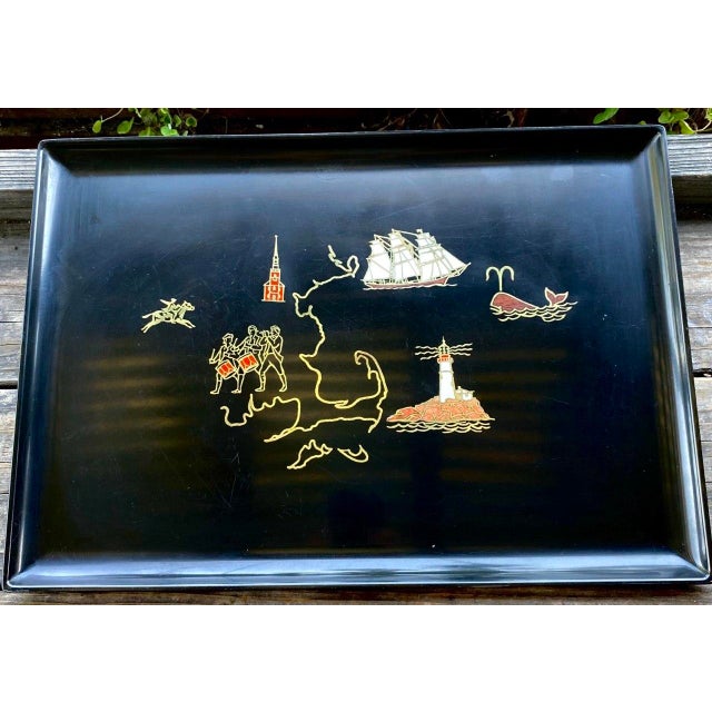 A striking vintage Couroc of Monterey serving tray celebrating the rich maritime and Revolutionary heritage of...
