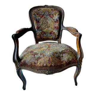 19th C French Needlepoint Carved Diminutive Fauteuil For Sale