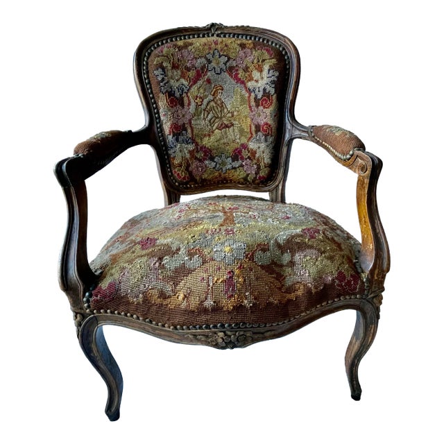 19th C French Needlepoint Carved Diminutive Fauteuil For Sale