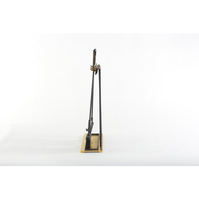 Mid-century modern three-tone brass/silvered/Black fireplace tool set accessories with expendable opening & base gallery...