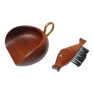Vintage Italian "Fish" Crumb Brush and Pan in Teak and Brass