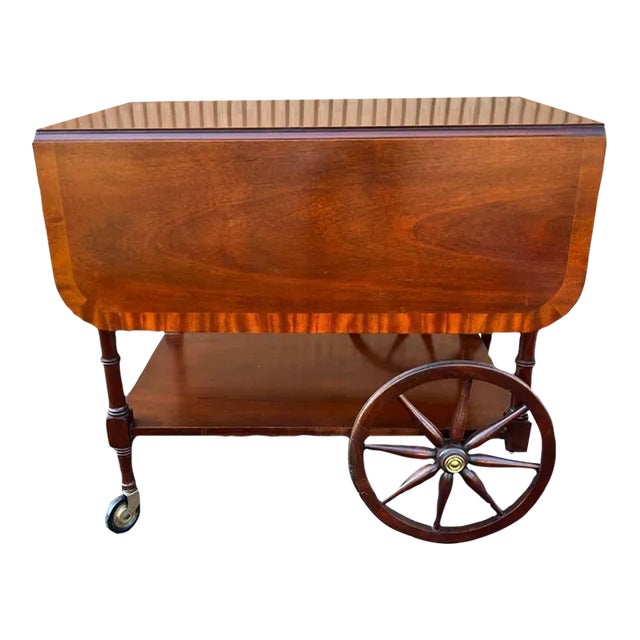 Baker Furniture Vintage Federal Style Inlaid Mahogany Drop Leaf Table Tea Bar Cart With Drawer For Sale