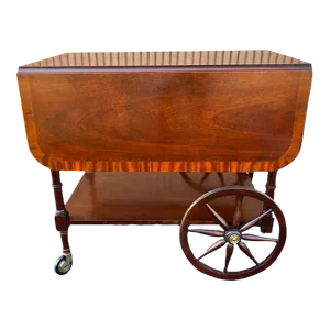 Baker Furniture Vintage Federal Style Inlaid Mahogany Drop Leaf Table Tea Bar Cart With Drawer