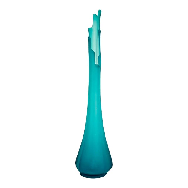 Art Glass Vase -Vintage Mid Century Tall Turquoise Cerulean Blue Frosted (Sea Glass) For Sale