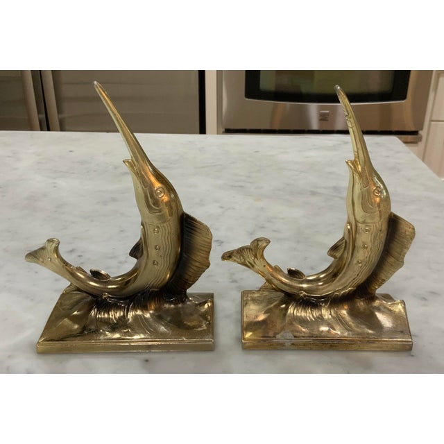 Pair of Vintage Swordfish / Marlin / Sailfish Bookends – Brass Finish - Heavy - Palm Beach Regency, Grandmillennial, Coastal, Ralph Lauren - See Pics! For Sale In New Orleans - Image 6 of 11