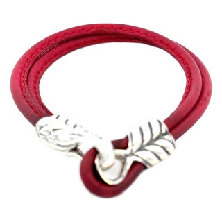 1990s David Yurman Red Leather Bracelet 9" Sterling Silver Estate For Sale