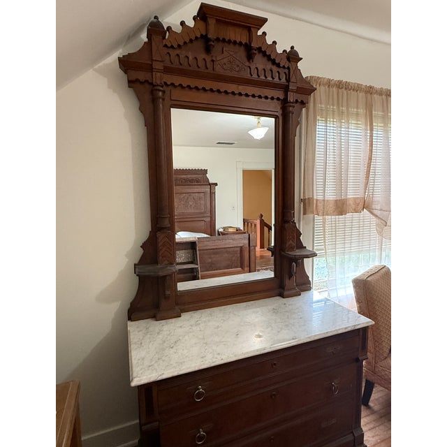 Wood 1930s Victorian Style Walnut Dresser With Marble Top and Standing Mirror For Sale - Image 7 of 7