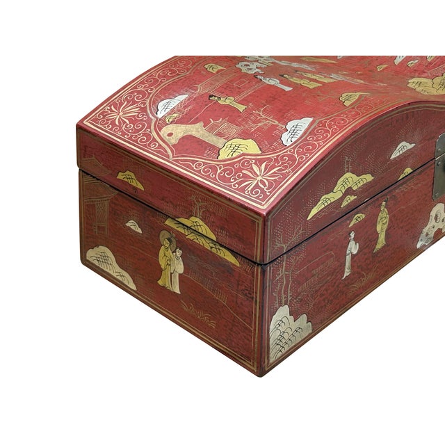 Red Lacquer Chinoiserie-Style Gold Silver Scenery Graphic Rectangular Box For Sale - Image 11 of 13