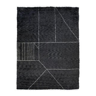 Black Modern Moroccan Style Handmade Abstract Pattern Wool Rug by Apadana For Sale