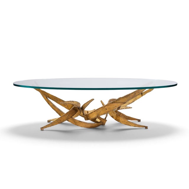 Silas Seandel Brutalist Mid Century Glass and Gilt Bronze Coffee Table This coffee table measures: 59.5 wide x 29.75 deep...