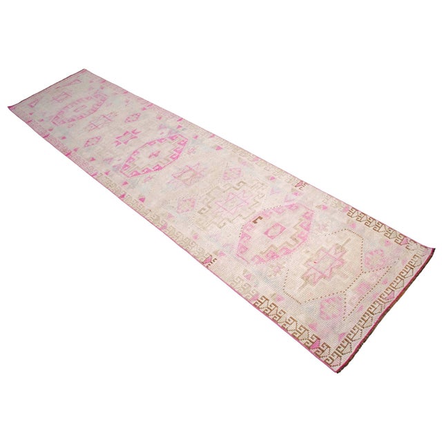 1970s Hand-Knotted Tribal Turkish Hallway Rug Pink - 2′10″ × 12′1″ For Sale - Image 6 of 10