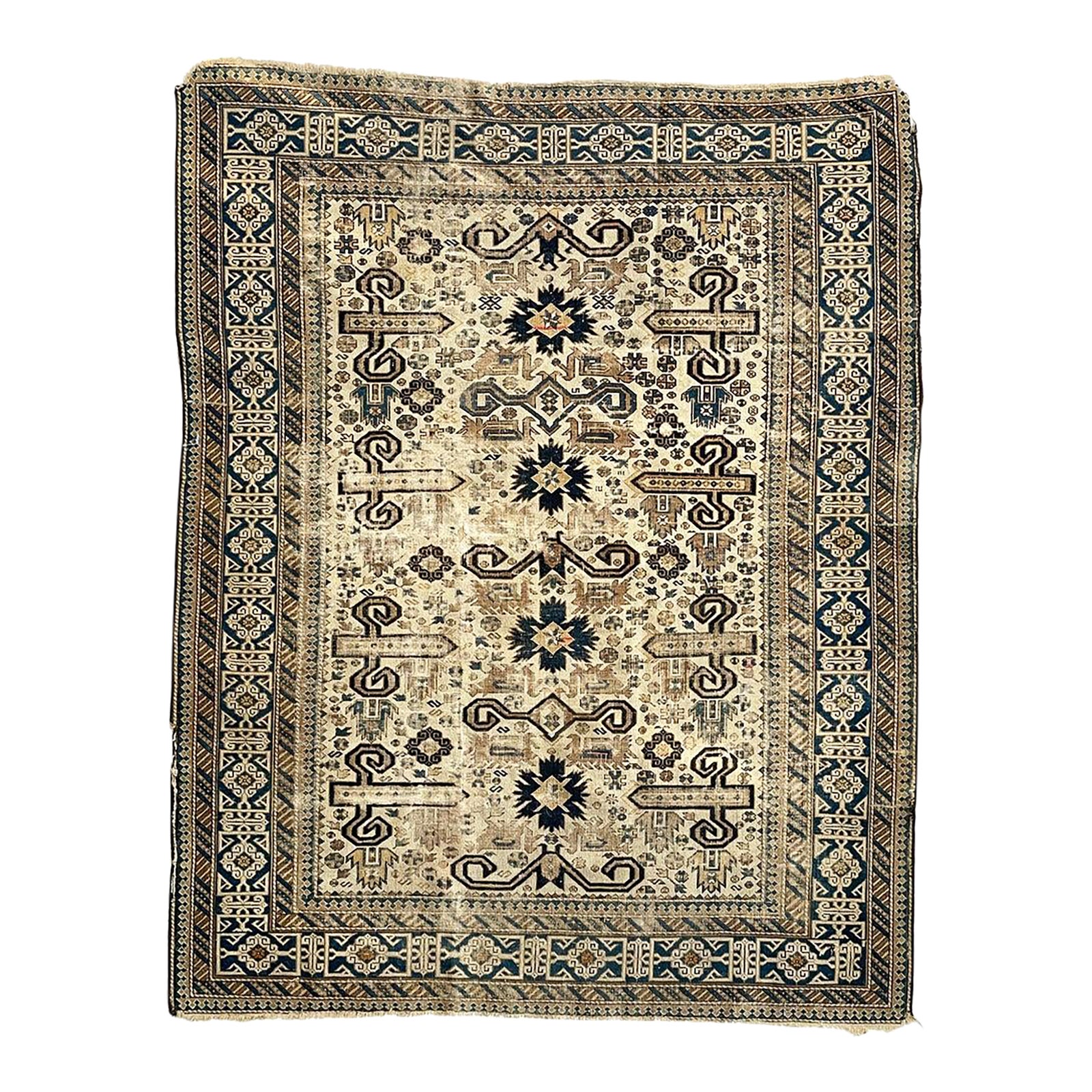 Antique Caucasian Prepidil Stylized Ram Horns in Beige & Navy Rug 4 x 5 ...