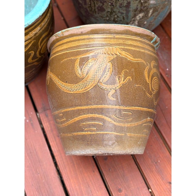 Large Chinese Glazed Terracotta Earthenware Planter Set Decorated With Dragons Egg Pots For Sale - Image 18 of 18