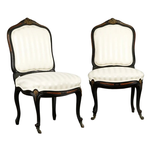 Pair of 1890s French Louis XV Carved, Gilt, Ebonized, and Upholstered Chairs For Sale