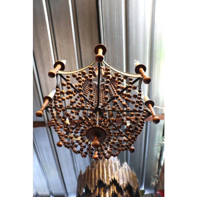Brown Vintage Wood Bead and Verde Brass Chandelier, 1940s For Sale - Image 8 of 12