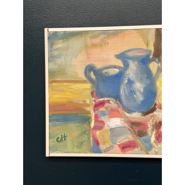 Original Swedish Oil on Panel – “Blue Jugs and Lemon” by Off – Signed – Vintage & Framed – 37 × 29 cm (14.6" × 11.4")...