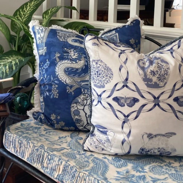 2020s Blue and White Ceramics Butterfly Ribbon Designer Pillow With Down Feather Insert For Sale - Image 5 of 6