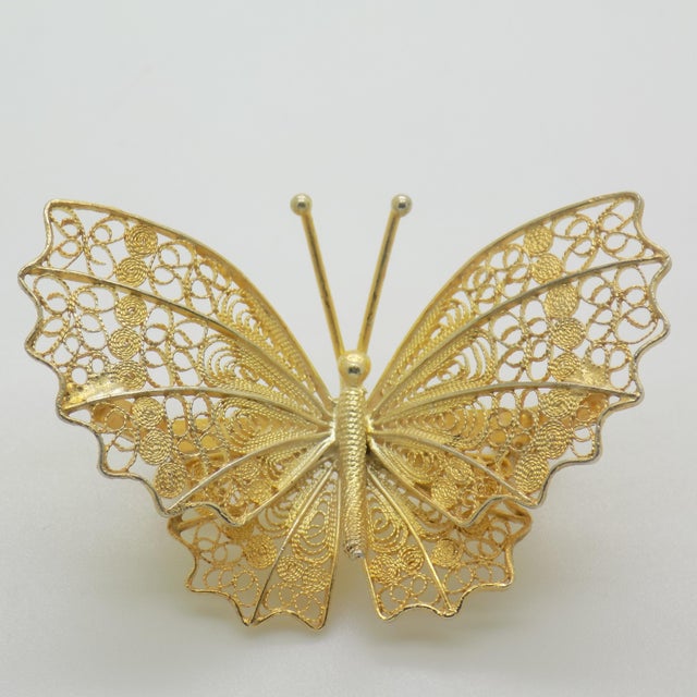 Vintage Italian Gilded Silver 800 Filigree Butterfly Brooch, Genoa, 1970s For Sale - Image 3 of 11