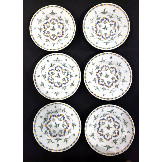 Ceramic Dutch Delft Set of Six Dinner Plates With Plants and Ribbon For Sale - Image 7 of 11