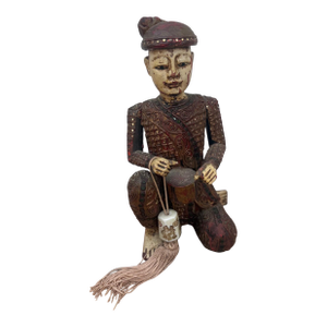 Mid 20th Century Hand-Carved Chinese Figural Sculpture of Seated Musician With Drum