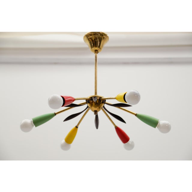 White Mid-Century Modern Brass 6-Arm Sputnik Lamp, Italy, 1950s For Sale - Image 8 of 13