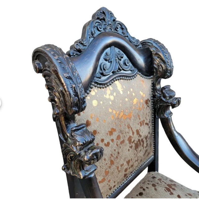 Antique French Baroque Carved Mahogany Fireside Throne Chair Newly Reupholstered in Metallic Rose Gold Brazilian Cowhide...