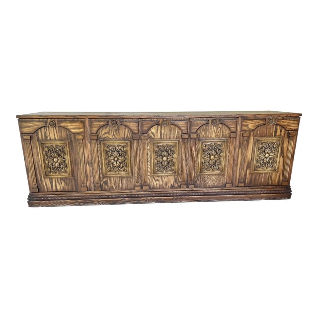 Mid Century Mediterranean Revival Carved Wood Large Sideboard, Credenza, or Bar Cabinet For Sale