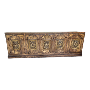Mid Century Mediterranean Revival Carved Wood Large Sideboard, Credenza, or Bar Cabinet