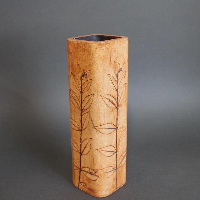 Vintage stoneware vase by raymonde leduc (circa 1960s-70s). A cylindrical sandstone coloured vessel with plant motifs -...