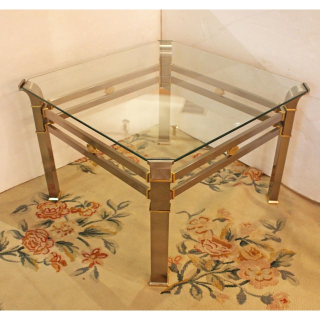 Mid-Century Modern Mid Century Modern Pair of Steel, Brass & Glass Tables For Sale - Image 3 of 4