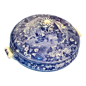 Wedgewood 1933 Ferrara Blue Serving Dish With Lid. Blue Transferware English China With Ships, Buildings, and Flowers