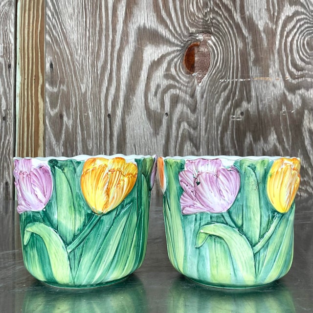 Vintage Regency Italian Hand Painted Cache Pots - a Pair | Chairish