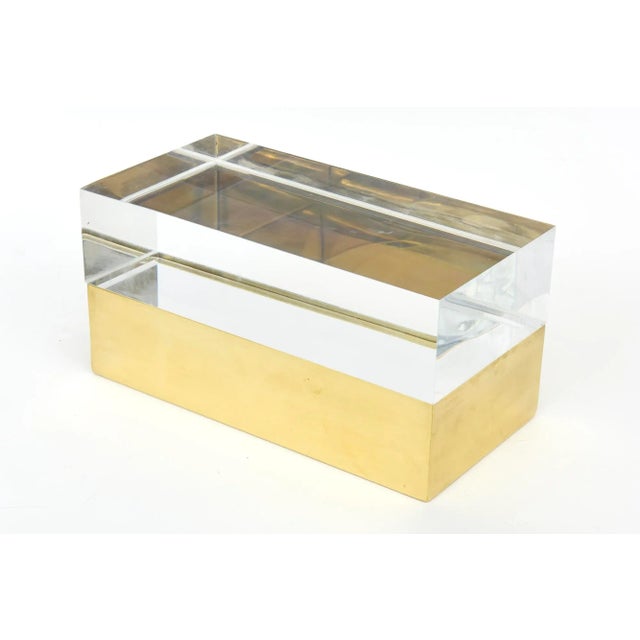 This vintage RARE and FABULOUS brass, bronze mirrored and thick lucite 2 part box is from the Casa Bella showroom from the...
