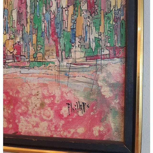 Pink 1970s Nyc Abstract Cityscape Skyline Oil Painting MCM Mid Century Modern Art New York Pink Barbiecore Vintage For Sale - Image 8 of 9