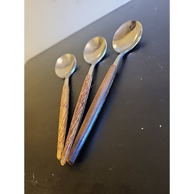 Mid-Century Modern Vintage MCM Tea Spoon Stainless Steel Teak Wood Handle Japan For Sale - Image 3 of 8