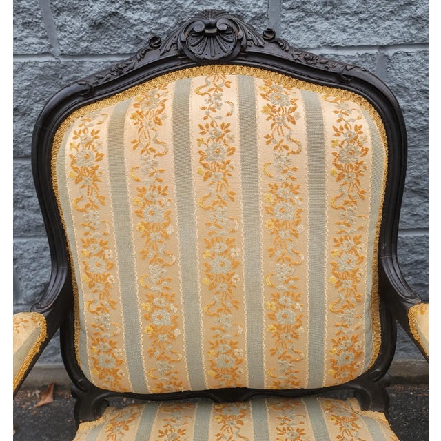 Yellow Pair of 1890s Louis XV Carved, Ebonized and Upholstered Bergere Arm Chairs For Sale - Image 8 of 11